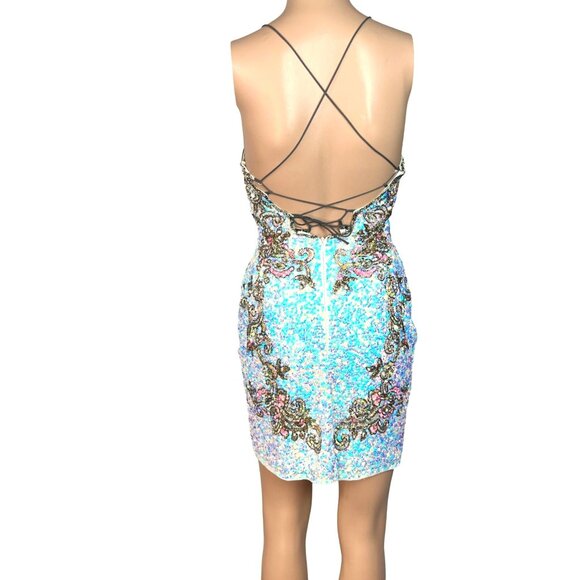 Primavera Couture White Backless Mini Dress w Iridescent Sequins Size 2 Bodycon - Picture 4 of 8